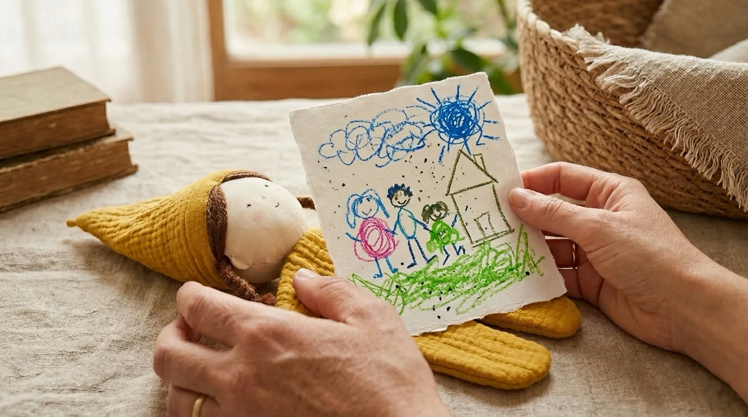 Muñeco de apego y dibujo en cápsula del tiempo